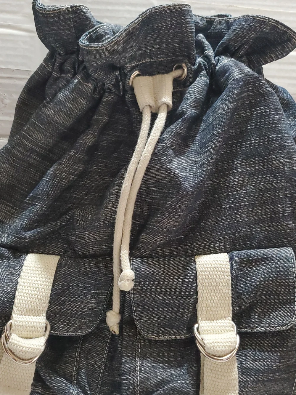 Denim-Look Drawstring Backpack with Cream Strap Details